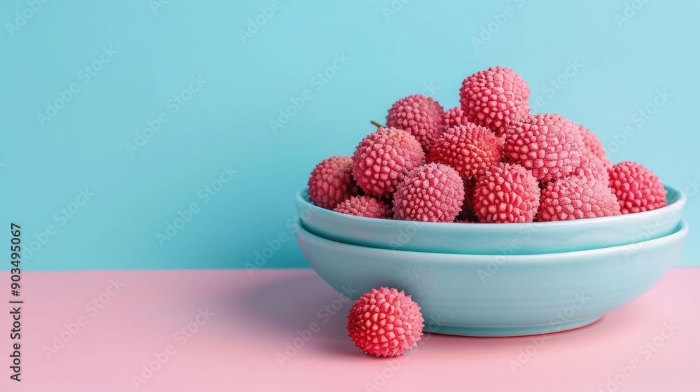 Aufkleber closeup of plump ruby red lychee fruit clusters arranged on a pastel colored plate against a simple 
