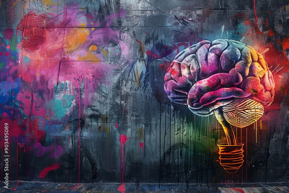 Poster artistic brain with vibrant colors in abstract style representing creativity and innovation with spl