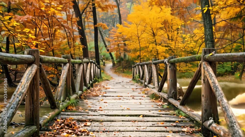 Poster a rustic wooden bridge crossing a stream in the middle of a dense forest during autumn, rustic woode
