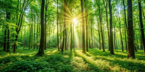 Naklejka premium A beautiful and serene background of lush green forest with sunlight filtering through the trees, nature, outdoor, forest