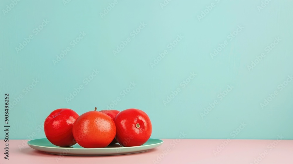 Aufkleber bright ripe persimmon displayed on a pastel colored plate with a deep depth of field creating a simp