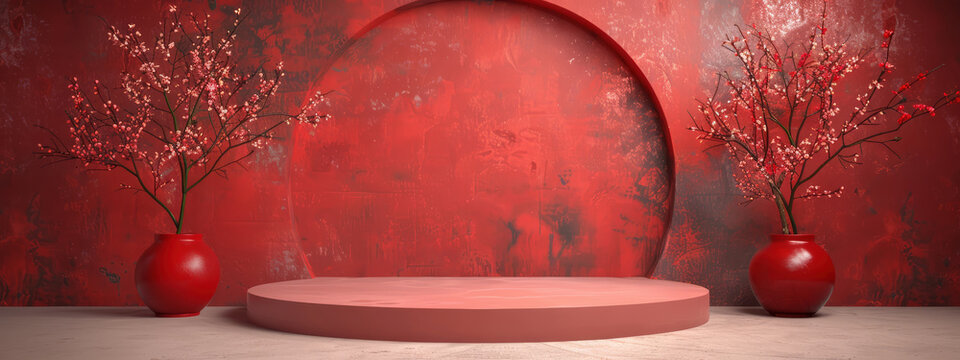 Traditional Chinese podium with elegant red decor featuring floral designs and cultural elements perfect for festive settings and ceremonial decorations