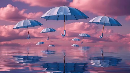 Surreal Landscape with Floating Umbrellas