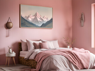 Basket next to bed with pink blanket in pastel bedroom interior with mountain wallpaper