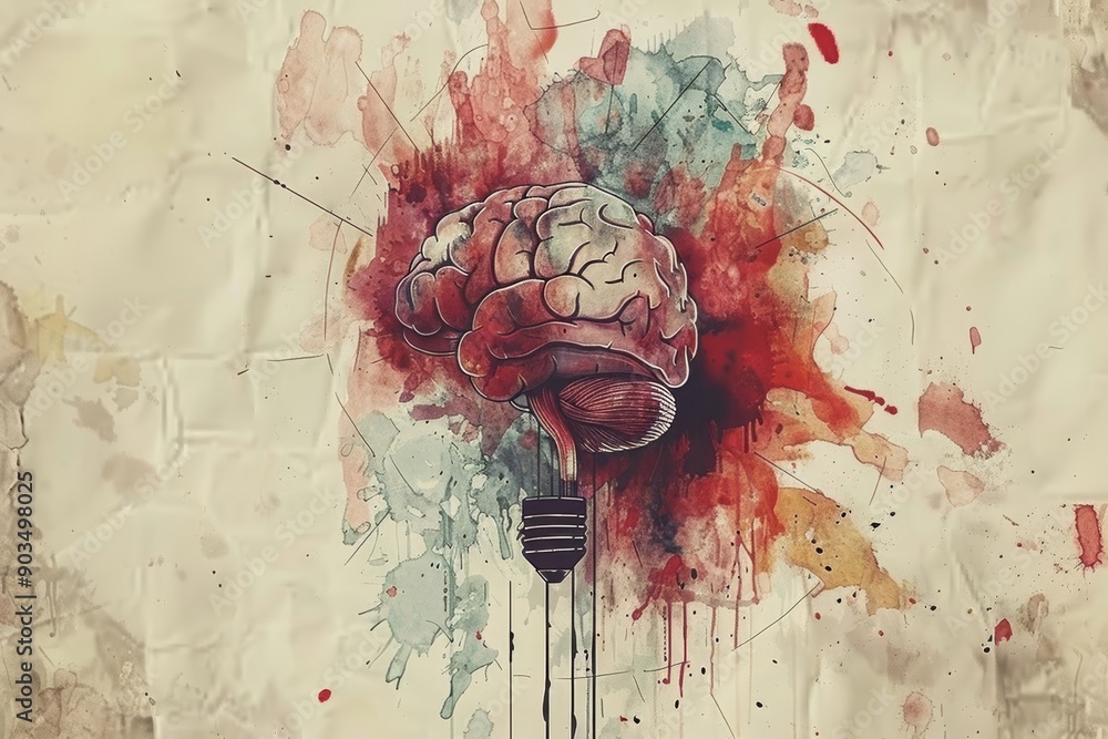 Poster brain with splashes of color representing creative thinking and imagination on a textured and abstra