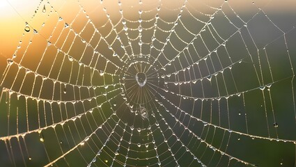Dew-Covered Spider Web at Sunset