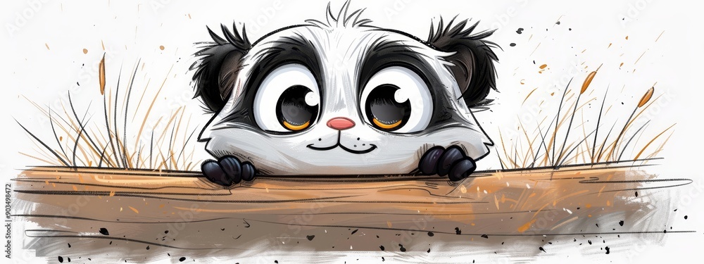 Poster  A black-and-white panda sits atop a log, paws grasping wood's edge