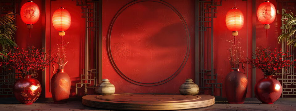 Modern Chinese podium with vibrant red decor and traditional elements 
