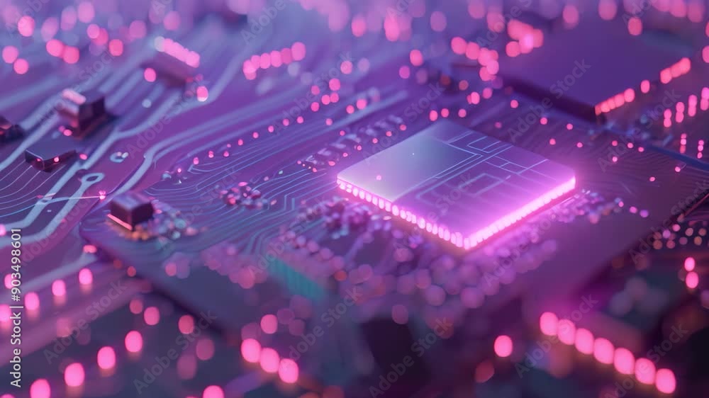 Poster detailed view of a computer chip embedded on a printed circuit board, secure chip technology embedde