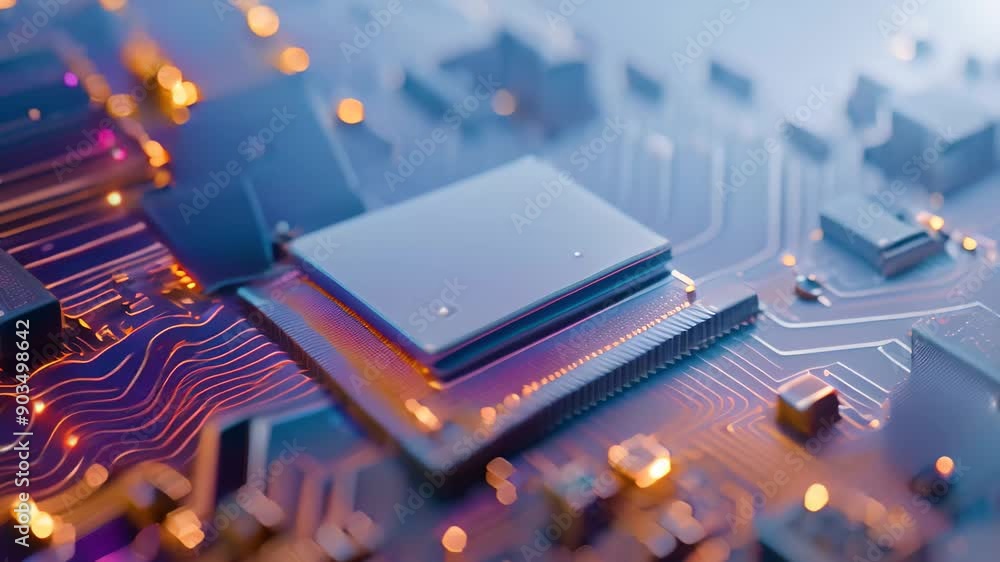 Poster detailed view of a secure computer chip on a circuit board, secure chip technology embedded in a cre
