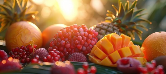 Set of Fresh Ripe Tropical Fruits with Water Droplets
