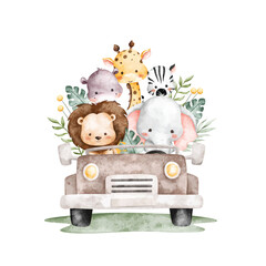 Watercolor Illustration Safari Animals in Car © Stella