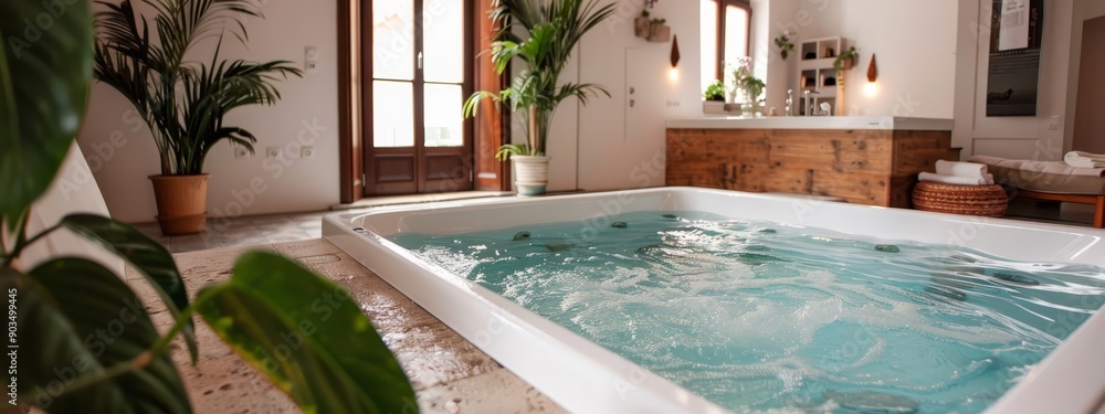 Wall mural  A bathroom featuring a spacious jacuzzi tub centrally placed, a potted plant adjacent