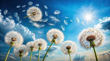 Obraz premium Dandelions releasing fluffy seeds into the sky, Nature, Plant, Flower, Seeds, Fluffy, Flying, Close-up, Summer, Wind