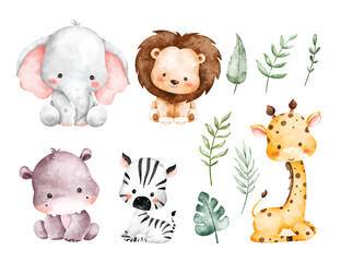 Watercolor Illustration Set of Safari Animals and Tropical Leaves