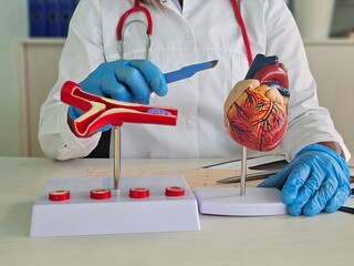 Doctor's hand with a scalpel near a mock-up of a human heart. The concept of modern cardiac surgery