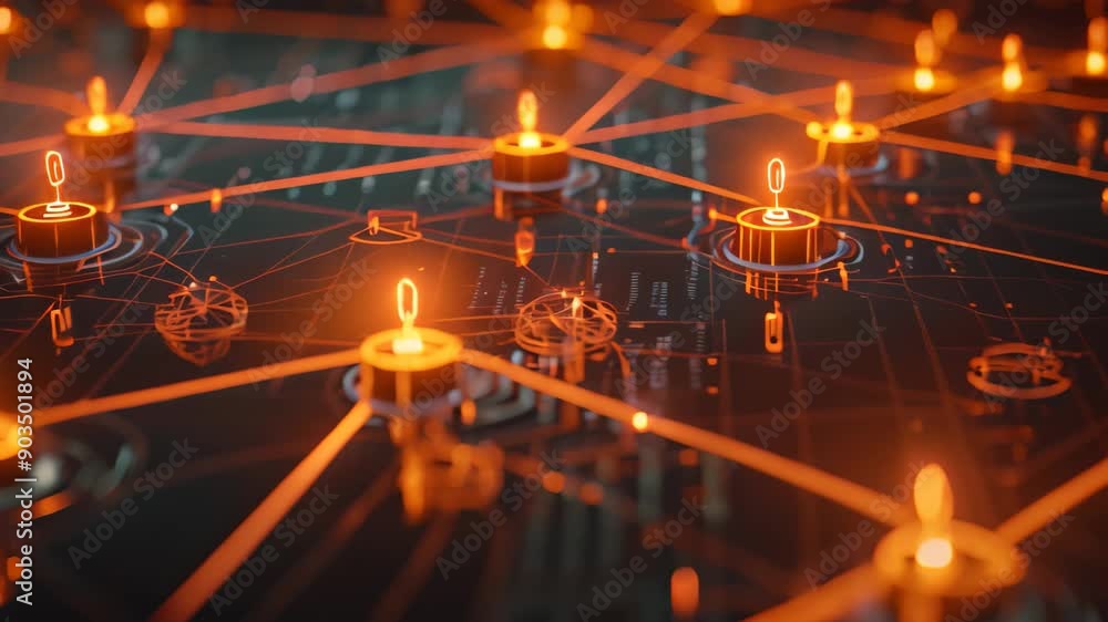 Poster decentralized network of glowing orange lights on black surface, show a decentralized network of nod