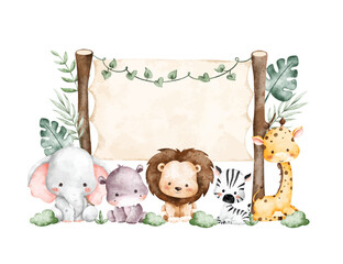 Watercolor Illustration Wooden Board and Safari Animals © Stella