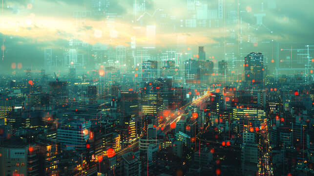 Futuristic Cityscape with Digital Financial Transaction Graphics Overlay - Powered by Adobe