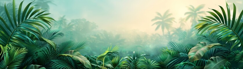 Sunlit Tropical Jungle with Misty Foliage