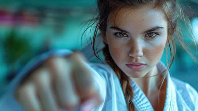 Portrait of a young female martial artist in a dynamic pose, showcasing strength, discipline, and focus, ideal for sports and empowerment themes.