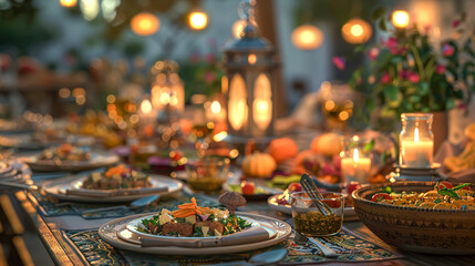 Peaceful Ramadan iftar meal with a beautifully set table, traditional dishes, and a serene atmosphere, high detailHighly detailed , 8K
