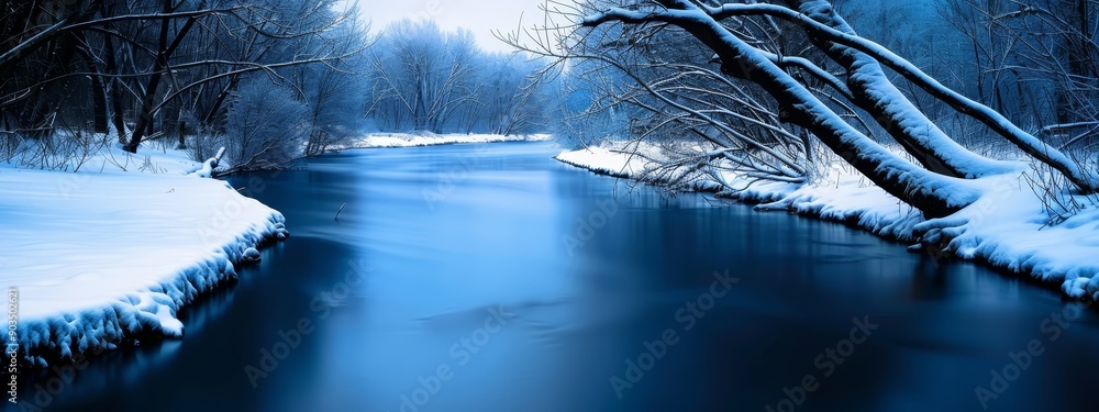 Wall mural  A river encircled by snow-covered trees and a forest teeming with numerous tall, thin, leafless tree trunks