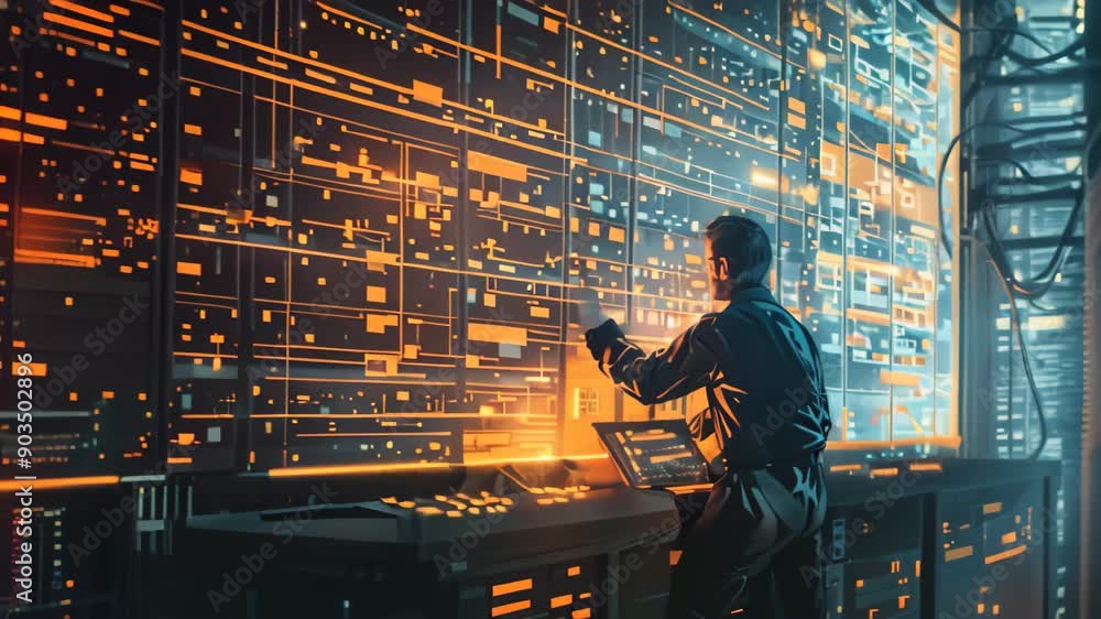 Poster a man standing in front of a computer in a server room, working or monitoring the network, show a ha