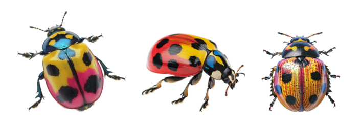 Three Colorful Beetles on White Transparent Background