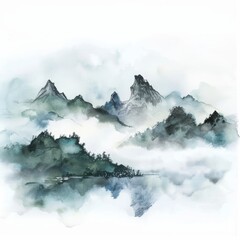 Watercolor painting of a tranquil Chinese landscape with mist-covered mountains, on isolated white background, Generative AI