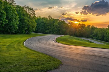 Fototapeta premium Empty race track and green woods nature landscape at sunset with generative ai