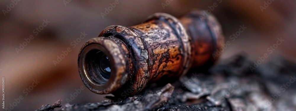 Canvas Prints  A tight shot of a pipe atop a wooden base The pipe's end is faintly visible, blurred in the image