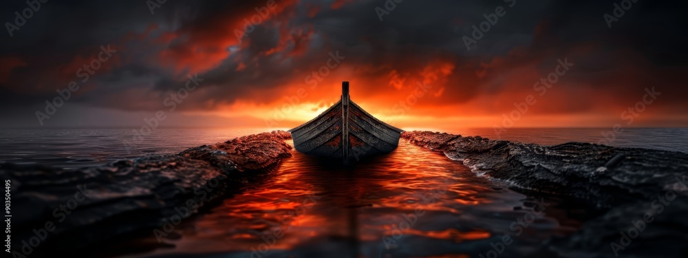 Poster  A boat floats on a body of water, near a rocky shore, under a red and black stormy sky