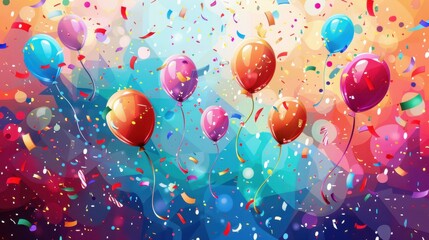 Fototapeta premium Festive illustration suitable for all holidays, featuring universal celebratory elements like confetti, balloons, and streamers, set against a colorful and joyful backdrop.