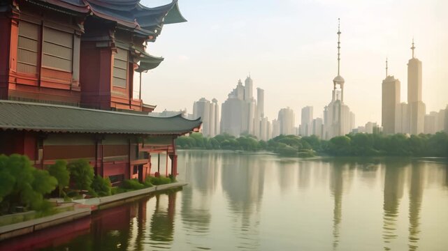 A building situated on the edge of a body of water, showcasing a harmonious connection between architecture and nature, Showcase the use of feng shui principles in the design of Chinese buildings