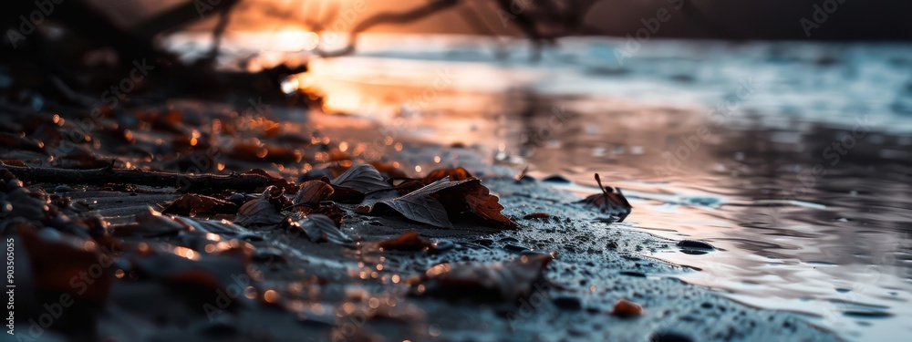 Poster a tight shot of leaves scattered on the ground by a water body, with the sun casting long shadows be