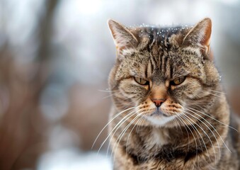 Grumpy Tabby Cat Outdoors in Snowy Winter Weather - Close-Up Photograph