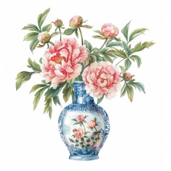 Watercolor painting of elegant peonies in a Ming vase, on isolated white background, Generative AI