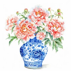 Watercolor painting of elegant peonies in a Ming vase, on isolated white background, Generative AI