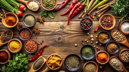 Various spices and herbs on rustic wooden moody countertop background, spices, herbs, asian mix, masalas