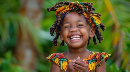 Jamaican child in a colorful outfit, laughing joyfully. The image radiates happiness and cultural vibrancy, capturing the essence of childhood and ethnic pride.