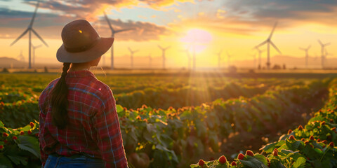 Obraz premium A woman stands in a field with wind turbines at sunset, a symbol of the future of sustainable energy.
