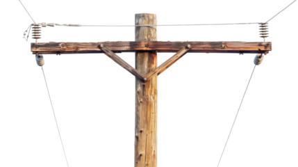 Wooden Electricity Utility Pole on transparent background 