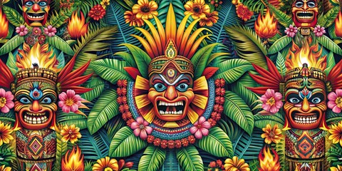 Naklejka premium Tiki fire and goddess wallpaper design with vibrant colors and tropical elements, tiki, fire, goddess, wallpaper, design