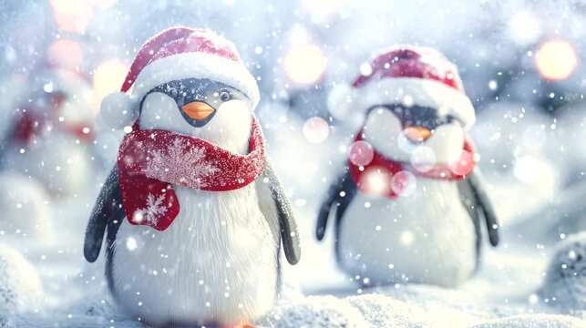 a festive wallpaper featuring cute penguin dressed in Santa hats and scarves, christmas decoration tree. seamless looping time-lapse virtual 4k video animation background