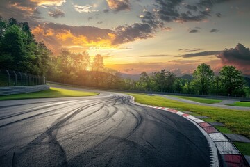 Naklejka premium Empty race track and green woods nature landscape at sunset with generative ai