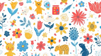 Modern illustration of a teaching doodle set for children, featuring hand-drawn flowers, animals, and toy elements. The whimsical and engaging design is perfect for preschool activities and education.