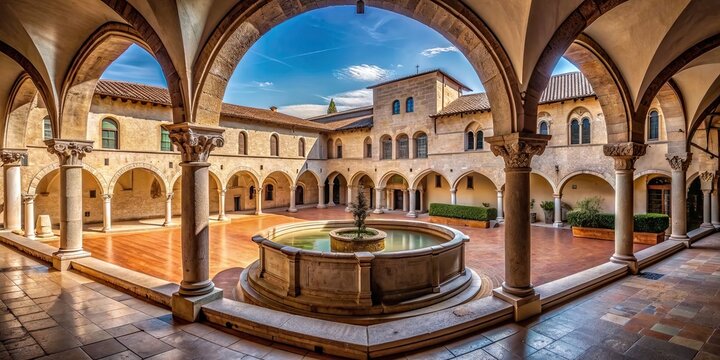 A scenic view of the abbey cloister of Sassovivo in Perugia, with a well at the center, seen from the porch , Perugia, Foligno