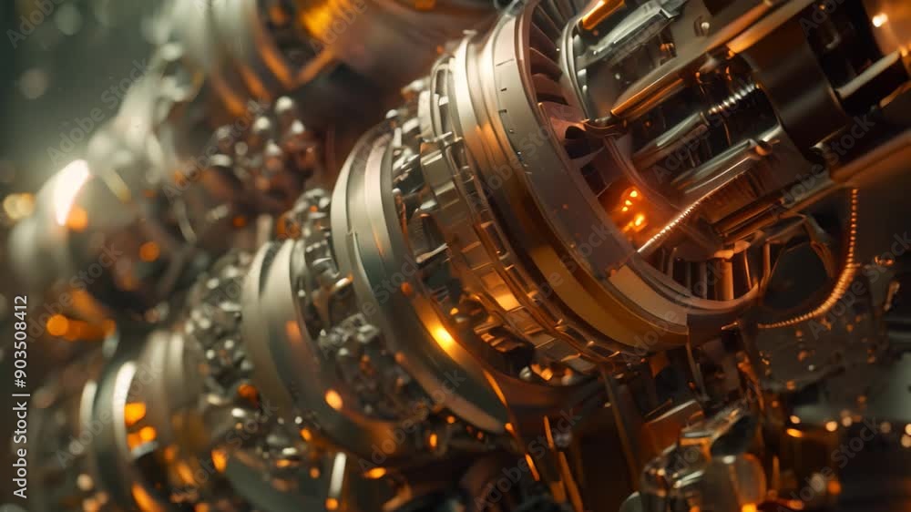 Poster detailed view of a machine showing numerous interconnected gears and mechanisms in motion, show the 