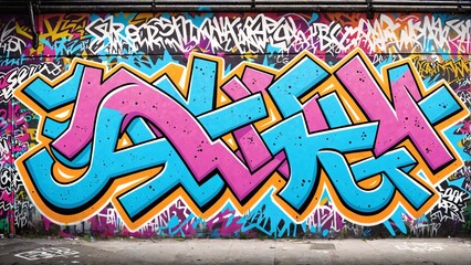 Graffiti art background with a gritty, urban wall covered in colorful, overlapping tags and street art.